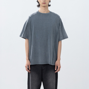 QUEENSHOP2026春夏新品男装剪接洗水设计宽版短袖上衣-灰01190331