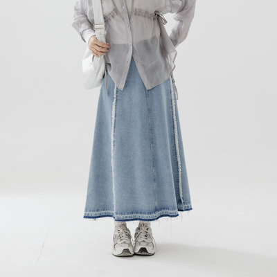 棉花糖剪接虚边设计牛仔长裙