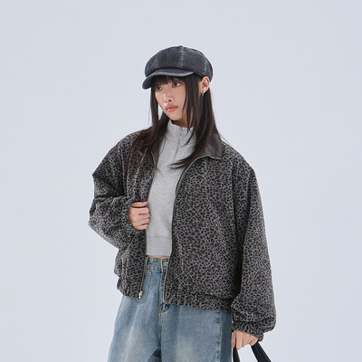 豹纹磨毛两穿夹克外套