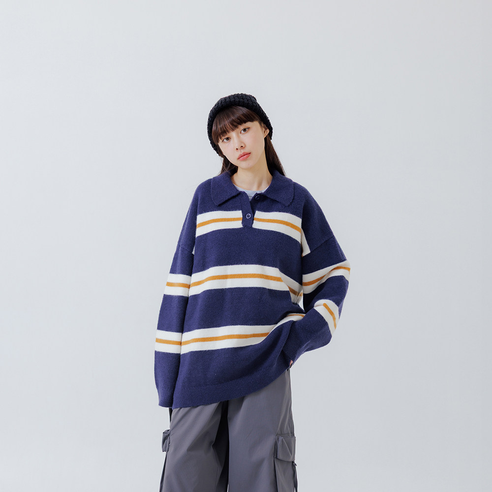 QUEENSHOP 2025秋冬新品女装POLO领条纹造型宽版针