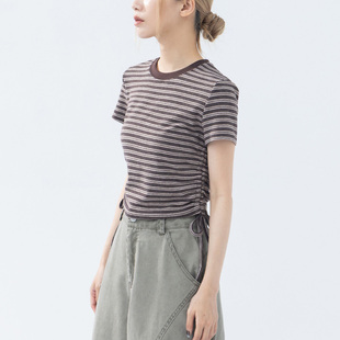 QUEENSHOP 2026春夏新品女装条纹侧抽绳造型短版上衣01099658