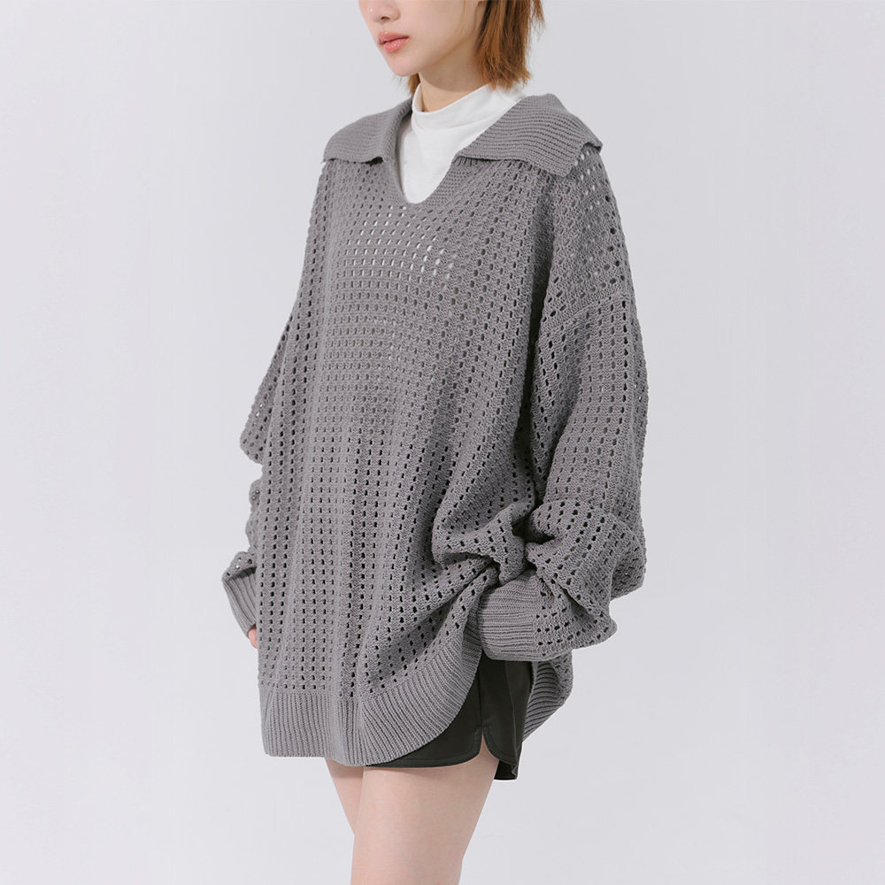 QUEENSHOP 2025秋冬新品女装中性领片镂空宽版针织毛衣