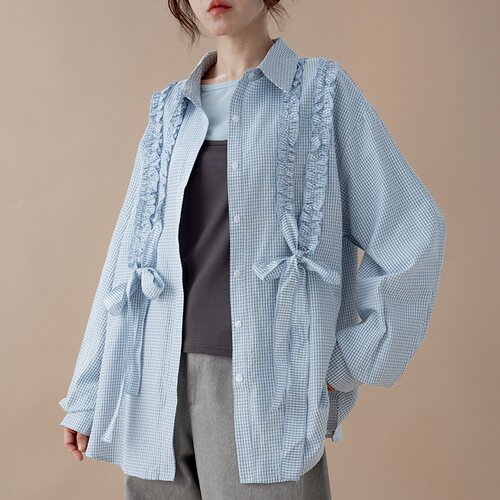 QUEENSHOP2026秋冬新品女装格纹荷叶抽皱绑带宽版衬衫-蓝01025873