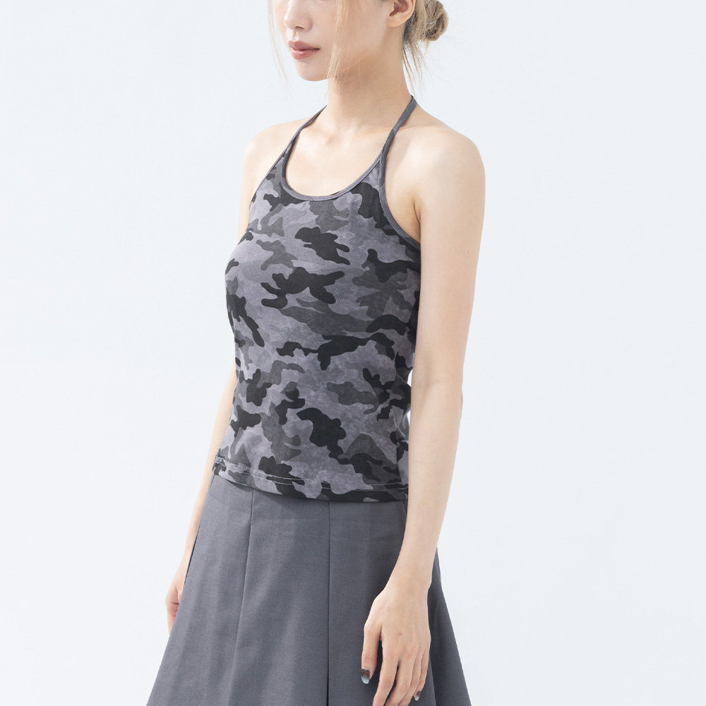 QUEENSHOP 2026春夏新品女装迷彩美背绕颈绑带合身背心01099572