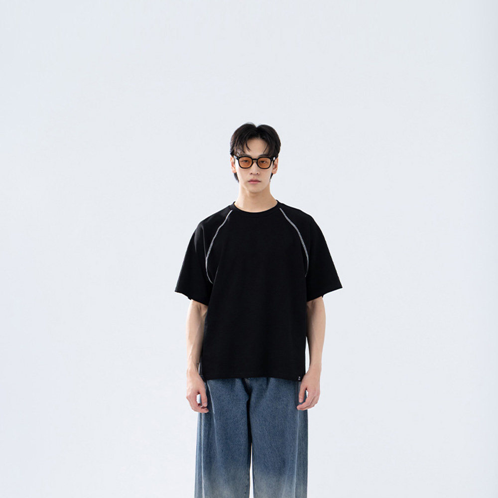 QUEENSHOP2026春夏新品男装配色车线织标休闲短袖上衣-黑01190370