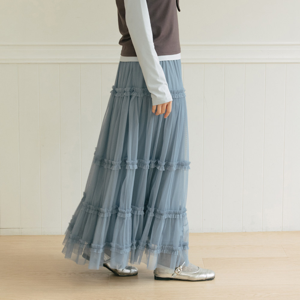 QUEENSHOP 2026秋冬新品女装多层荷叶花边网纱蛋糕裙-蓝03021785
