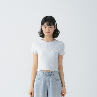 QUEENSHOP 2026春夏新品女装缇花木耳边短版短袖上衣-蓝01099810