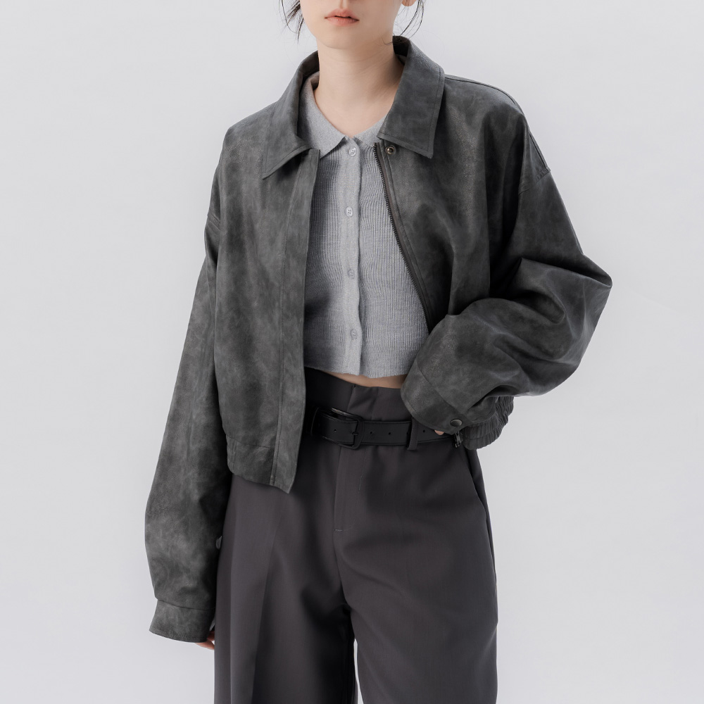 蕾蒂雾面短版皮革夹克外套