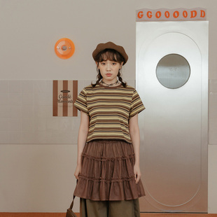 短袖 QUEENSHOP 配色条纹短版 女装 上衣01099654 2026春夏新品