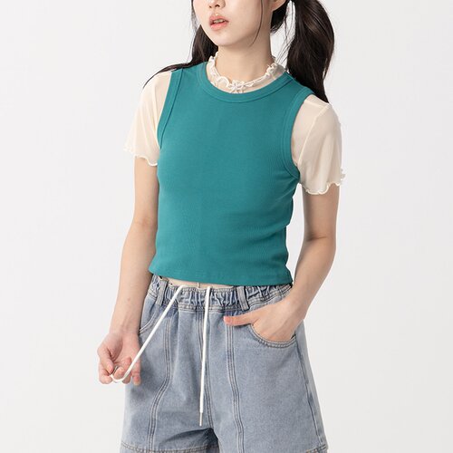 QUEENSHOP2026春夏新品女基础素面坑条合身削肩背心-蓝绿01099856
