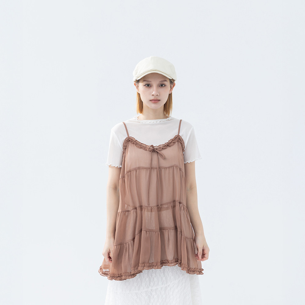 QUEENSHOP 2026春夏新品女装V领荷叶透纱蛋糕罩衫背心-咖01099517
