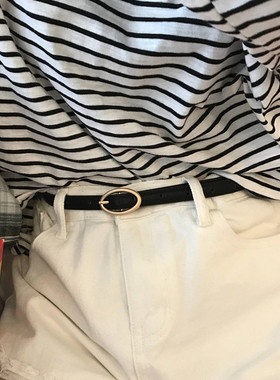 韩国新款细小腰带pu皮带女士浅金色椭圆扣头复古白色裤带百搭简约