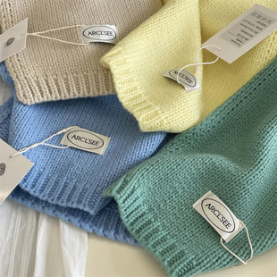 韩系温柔提夫尼蓝绿小围巾纯色百搭含羊毛线围脖男女款秋冬季保暖