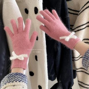 少女心针织蝴蝶结秋冬保暖手套露指触屏玩手机含兔毛韩国新款女士