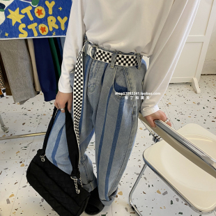 布丁和夏天黑白红白棋盘格格子腰带双环扣帆布带学生时髦裤带男女