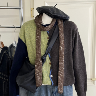 早秋古着彩纱细长条腊肠小围巾复古时髦辣妹穿搭颈饰围脖凹造型女