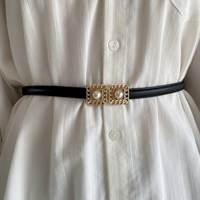 新款真皮腰带简约皮带珍珠连衣裙