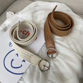 韩国INS度假风新款 编织圆扣腰带复古民族连衣裙腰封拼皮皮带女士