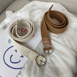 韩国INS度假风新款编织圆扣腰带复古民族连衣裙腰封拼皮皮带女士