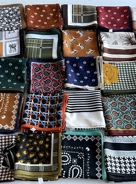 65cm方巾腰果碎花条纹装饰领巾围巾春秋冬加厚棉麻柔软装饰头巾女