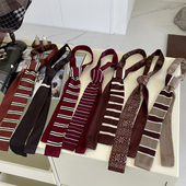 美拉德色系条纹小领带春秋季 饰红色针织长条围巾男女 复古学院风装