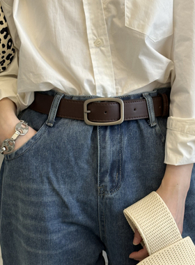简约百搭BF风港风宽皮带学生黑色腰带青年牛仔裤带银方扣男女情侣