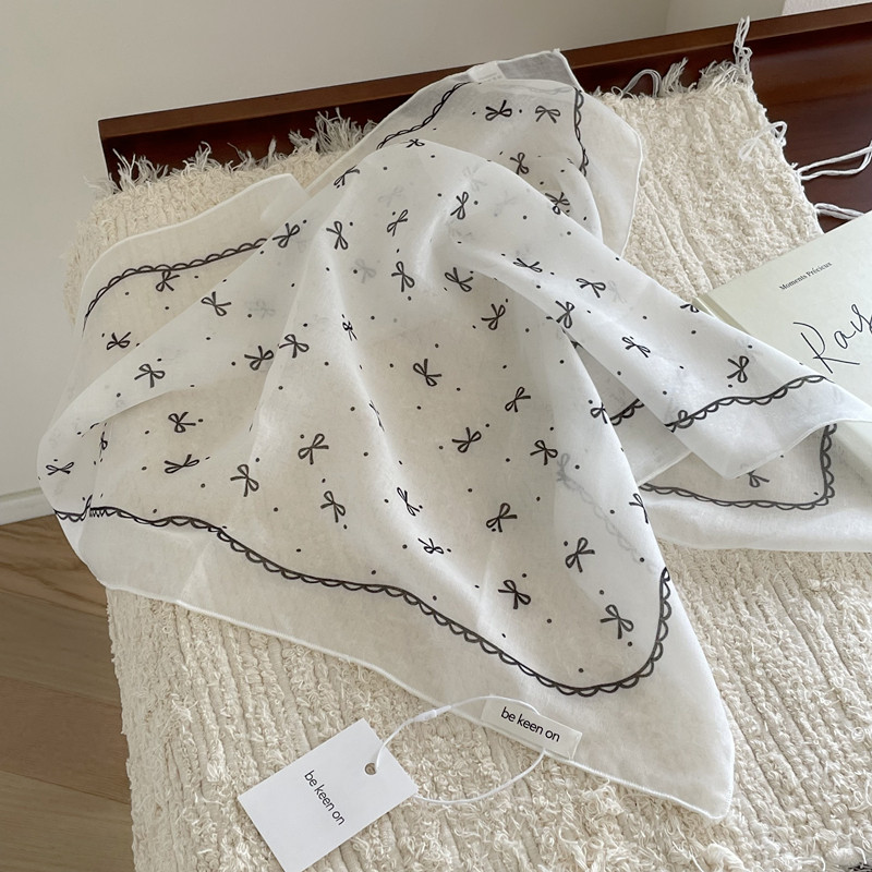 韩系ins风蝴蝶结波点方巾丝巾少女棉麻旅游头巾发带绑带装饰围巾