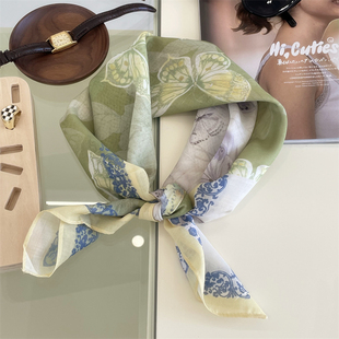 绿光森林方巾绿色蝴蝶结森系文艺领巾装 天丝棉围巾 饰头巾春夏秋季