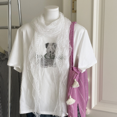 古早氛围感白色蕾丝装饰春夏秋季长条网纱围巾花边丝巾韩系女新品