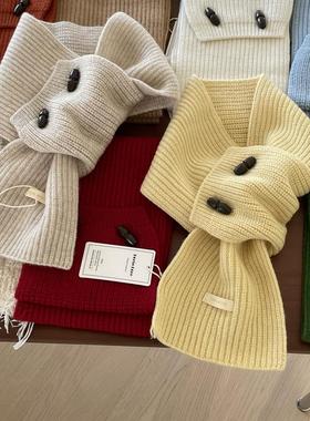 100%全羊毛牛角扣围巾奶黄纯色红色小围脖交叉女士保暖秋冬季领子