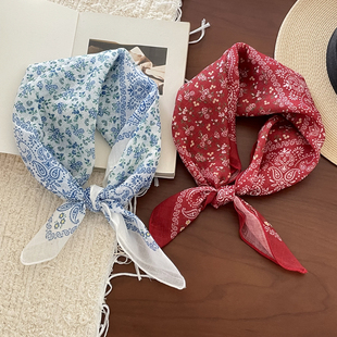 柔软透气棉麻小清新碎花拼腰花红色方巾复古文艺装饰头巾领巾女士