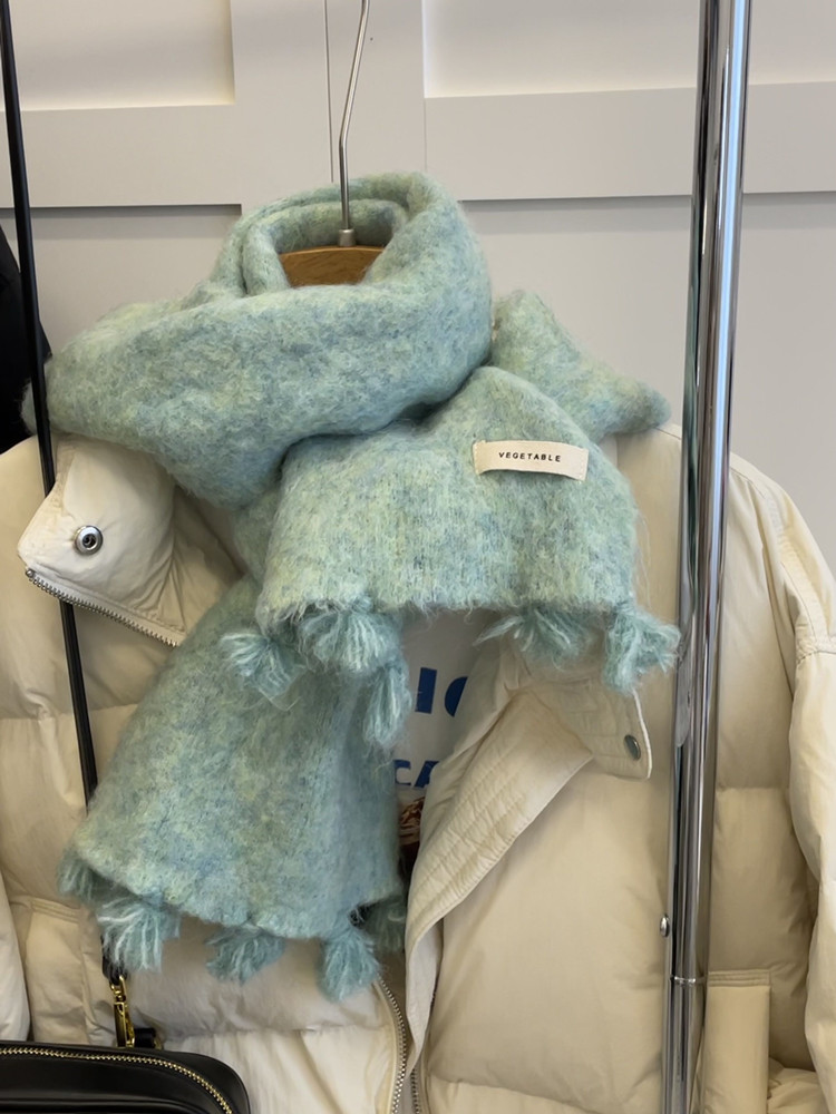 手工制作复古毛线流苏纯色马海毛保暖围脖学生氛围感围巾情侣冬季