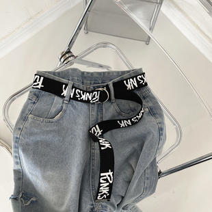 带 涂鸦英文嘻哈帆布腰带双环扣简约百搭学生青少年皮带裤 个性 时尚