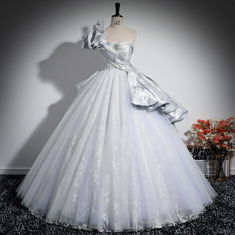 单肩晚礼服女声乐艺考美声独唱演出服高级感年会主持人表演蓬蓬裙