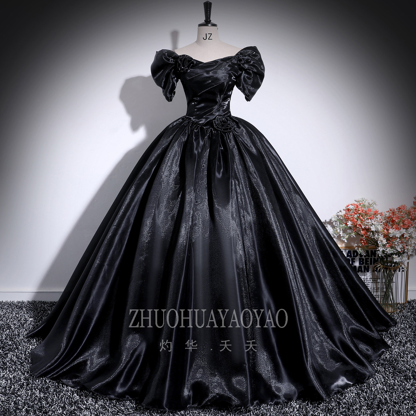 一字肩黑色晚礼服学生艺考独唱演出服万圣节年会主持人走秀蓬蓬裙