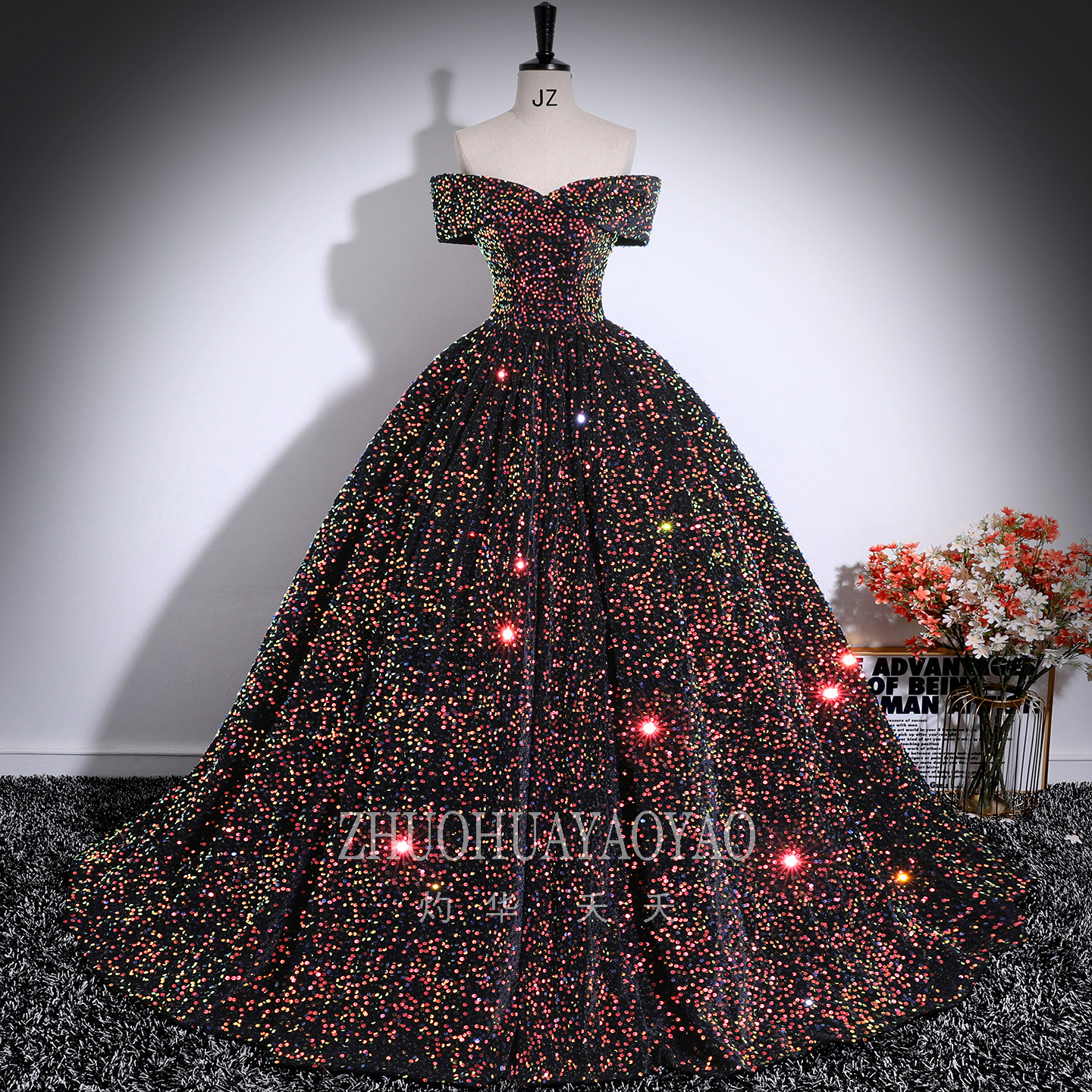 一字肩亮片晚礼服女学生声乐艺考独唱演出服年会主持人走秀蓬蓬裙