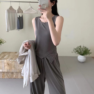 时尚天丝衬衫三件套女夏装欧洲站欧货吊带防晒阔腿裤洋气休闲套装