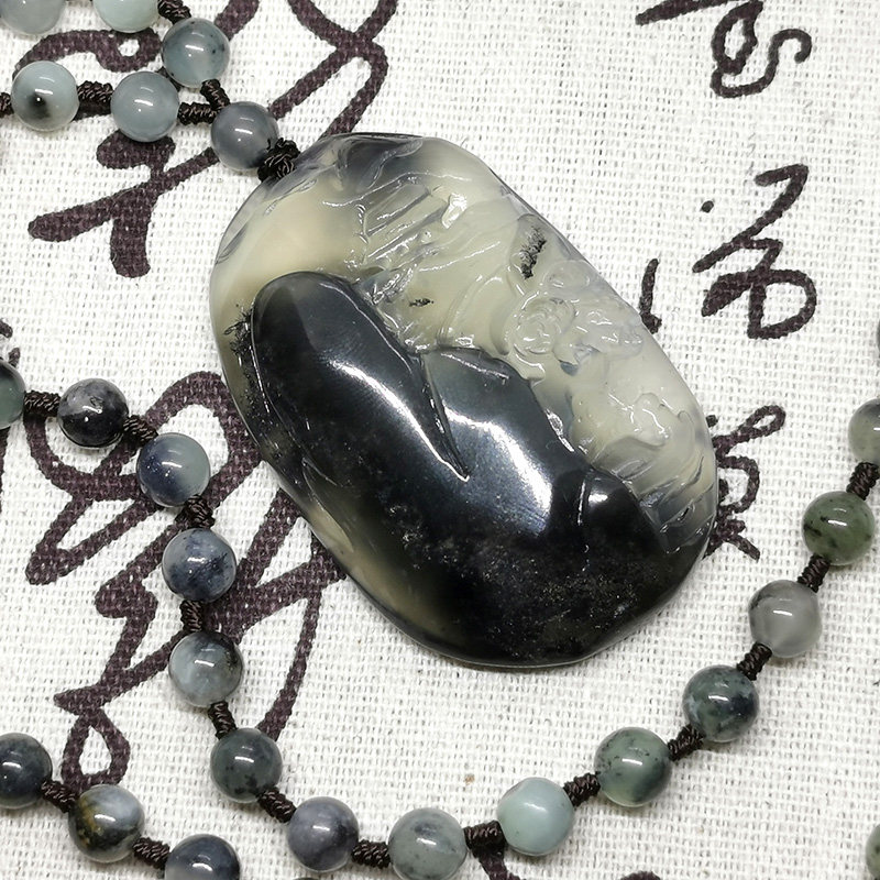 纯天然岫玉水墨山水纯手工雕刻吊坠挂件配原矿全珠链一物一拍一件