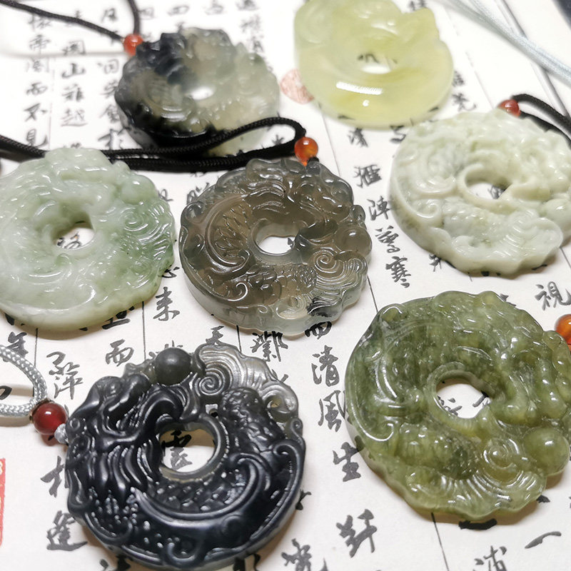 水墨玉纯天然岫玉复古中国风祥龙扣玉佩吊坠男女款平安扣挂件龙祥