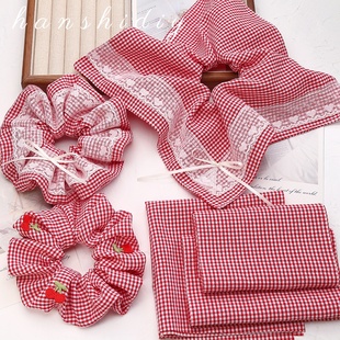 复古红色小格子蕾丝大肠发圈方巾diy材料布料手工发饰头饰辅料