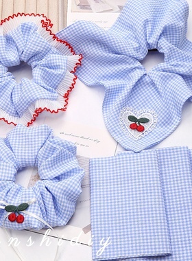 韩系蓝色格子樱桃花边大肠发圈方巾diy材料布料手工发饰头饰辅料