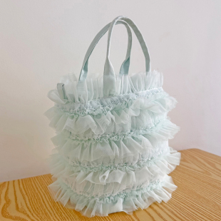 希厘原创设计2025新款 百搭淡绿色网纱褶皱蛋糕手提包甜美小斜挎包