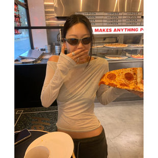 韩国代购 olssen lyocell shirring 一字领 褶皱 长袖T恤