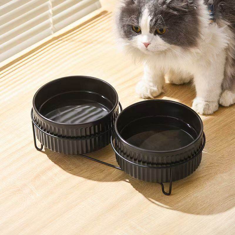 护颈陶瓷宠物碗黑色单双碗套装高脚铁艺架易清洗猫狗专用食盆水碗