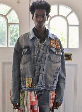 纽约设计师品牌Profound 腰果花贴布 做旧弹力牛仔夹克