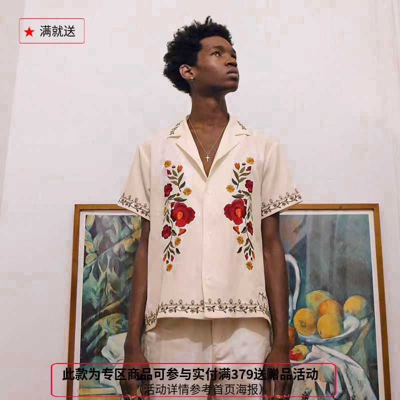 【六折】纽约设计师品牌Profound玫瑰花卉刺绣高街风宽松短袖衬衫