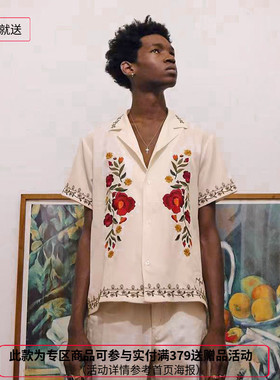 【六折】纽约设计师品牌Profound玫瑰花卉刺绣高街风宽松短袖衬衫