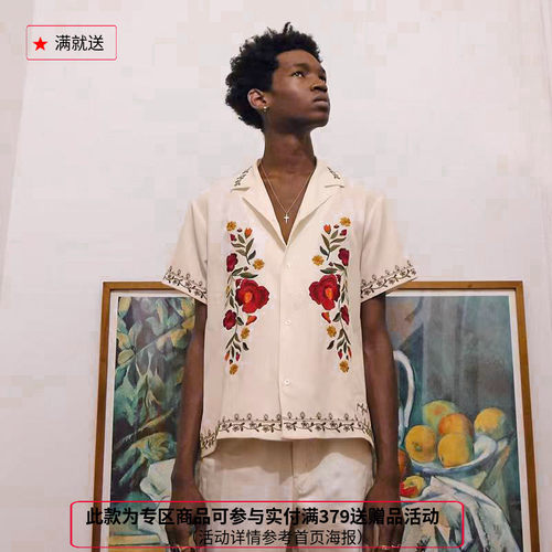 【六折】纽约设计师品牌Profound玫瑰花卉刺绣高街风宽松短袖衬衫