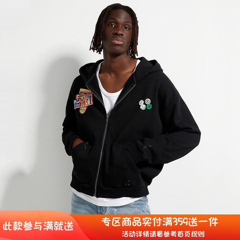 纽约设计师品牌Profound 多徽章刺绣复古做旧拉链卫衣帽衫外套