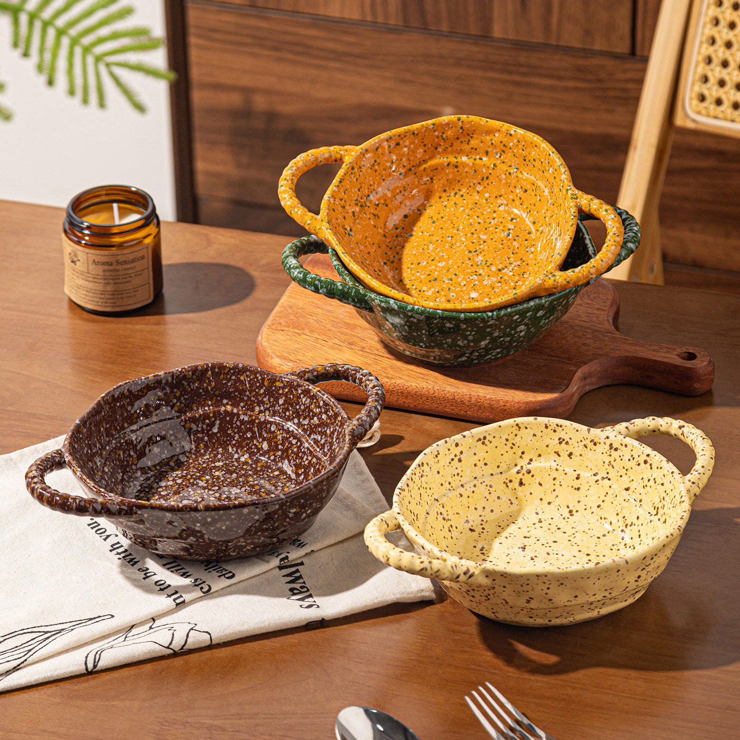 韩国泼墨陶瓷碗复古风不规则手捏双耳泡面碗沙拉碗汤面螺蛳粉碗,餐饮具,碗,淘宝优惠券,粉丝福利购,淘宝优惠卷